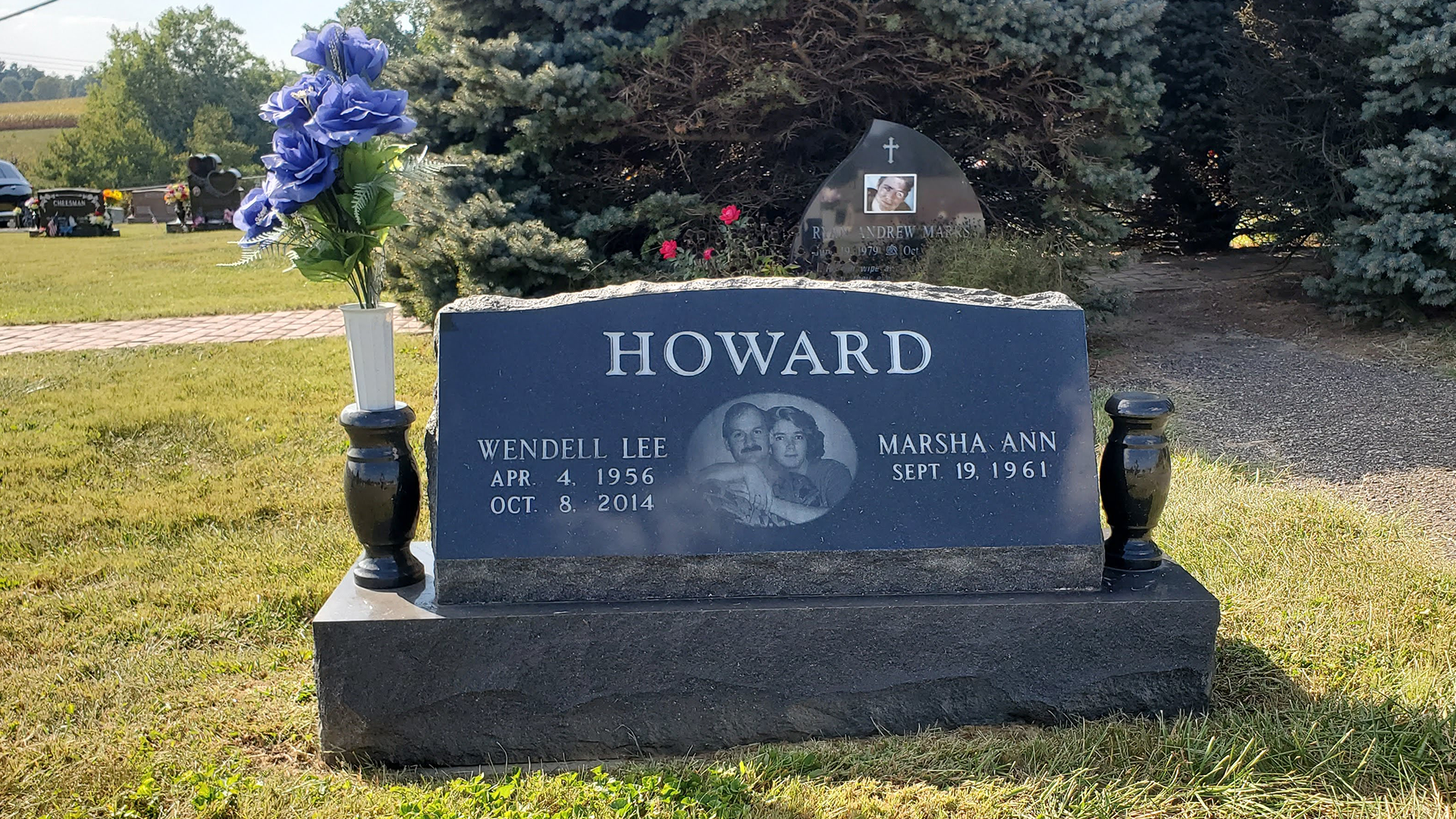 Slant Monument with Laser Etching and Vases | Premium Black