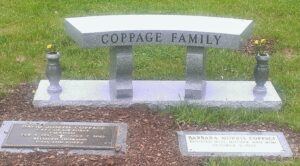 Curved Memorial Bench with VA Marker on Granite Backer and Flat Marker to the Right | Medium Grey, Angelic Memorials, Monuments, Northern Kentucky, headstones, gravestones