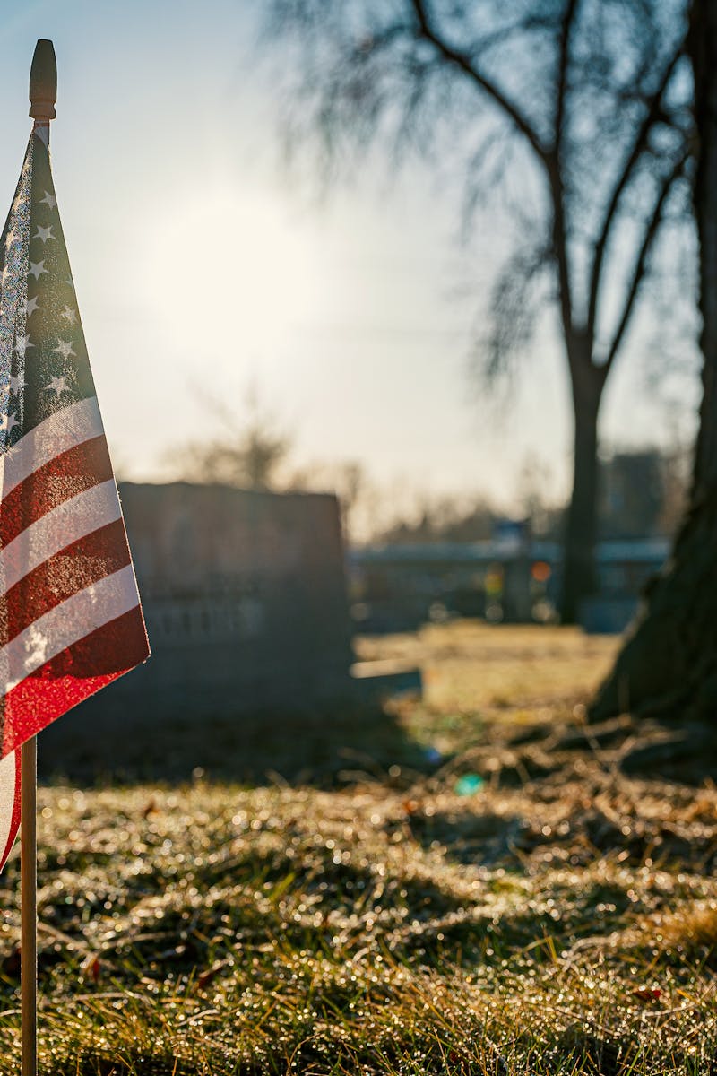 An American flag stands solemnly in a sunlit cemetery, symbolizing honor and remembrance.